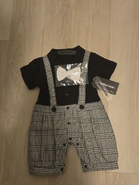 Black & White Houndstooth Kids Suspender Outfit with White Bow